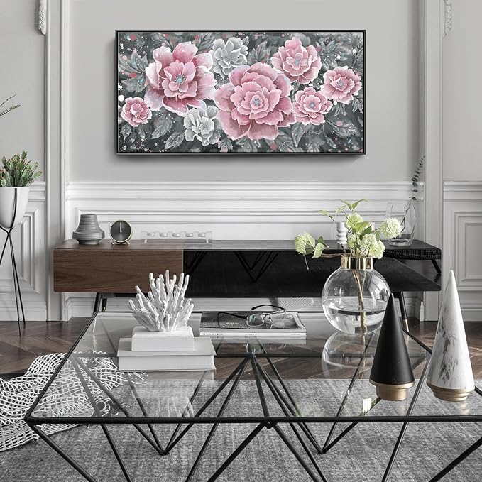 Large Pink Wall Art for Living Room- Pink and Black Peony Floral Canvas Wall Art Modern Framed Moody Black and White Wall Picture Flower Artwork Decor for Bedroom Dining Room Office 48x24