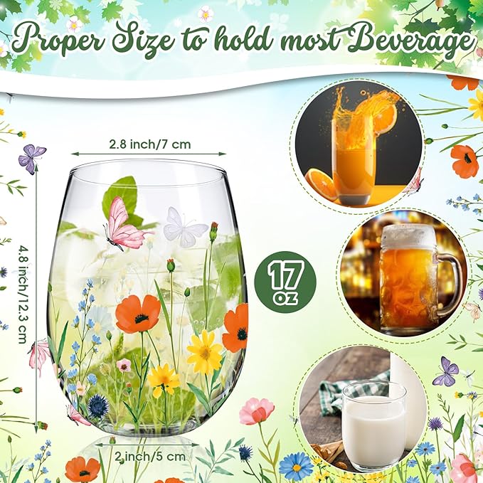 Sliner 2 Pack 17oz Wildflower Stemless Wine Glasses Floral Butterfly Drinking Glasses Spring Flowers Tumbler Cups for Graduation Wedding Mother's Day Birthday Drinking Party Favors