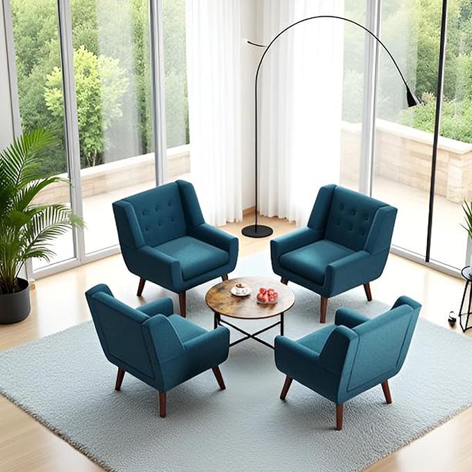 HUIMO Accent Chairs Set of 4, Upholstered Button Tufted Armchair, Linen Fabric Sofa Chairs for Bedroom, Living Room, Mid Century Modern Comfy Reading Chair (Lake Blue)
