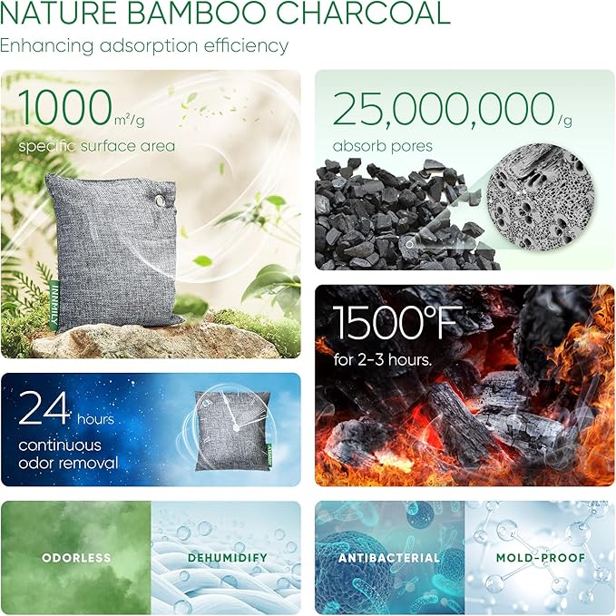 Activated Charcoal Odor Absorber, 6 Pack Natural Shoe Odor Eliminator, Bamboo Charcoal Air Purifying Bags, Sneaker Deodorizer and Moisture Absorbers for Clean Footwear, Shoe Odor Remover