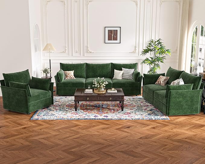 Luxury Modular Sectional Sofa, L-Shaped 3-Seat Couch with Storage Ottoman Deep Seat & Reversible Chaise Lounge Chenille Green for Compact Spaces, Apartments, Dorm