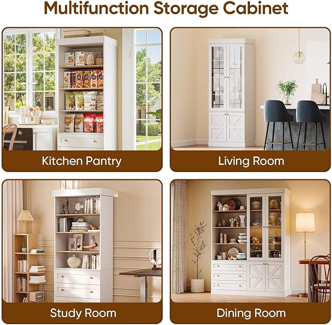 Vyre 71" Tall Farmhouse Bookshelves with Drawers, Set of 2 – Large Modular Bookcase with Adjustable Shelves, Storage Cabinet for Living Room, Kitchen, Home Office, White