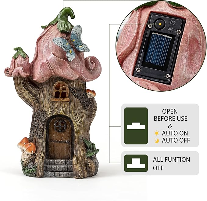 Fairy Garden Accessories Outdoor Statues, Mushroom House Decor,Large Gnome Solar Powered Lights Sculptures,Pink Resin Figurine Butterfly Figurines Lawn Ornaments for Patio Yard Decorations 11Inch