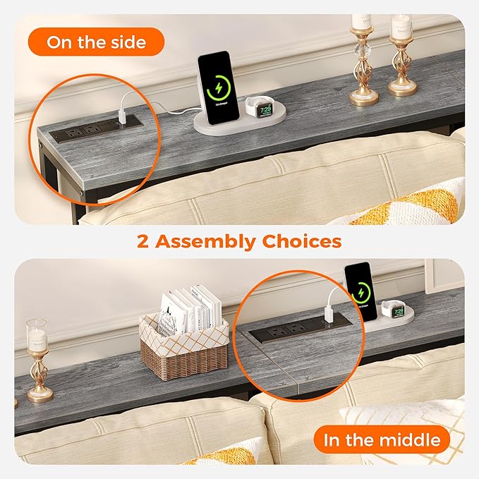 SUPERJARE 78.7 Inch Console Table with Outlet, Sofa Table with Charging Station, Narrow Hallway Entryway Table, Behind Couch Table, for Living Room, Charcoal Gray