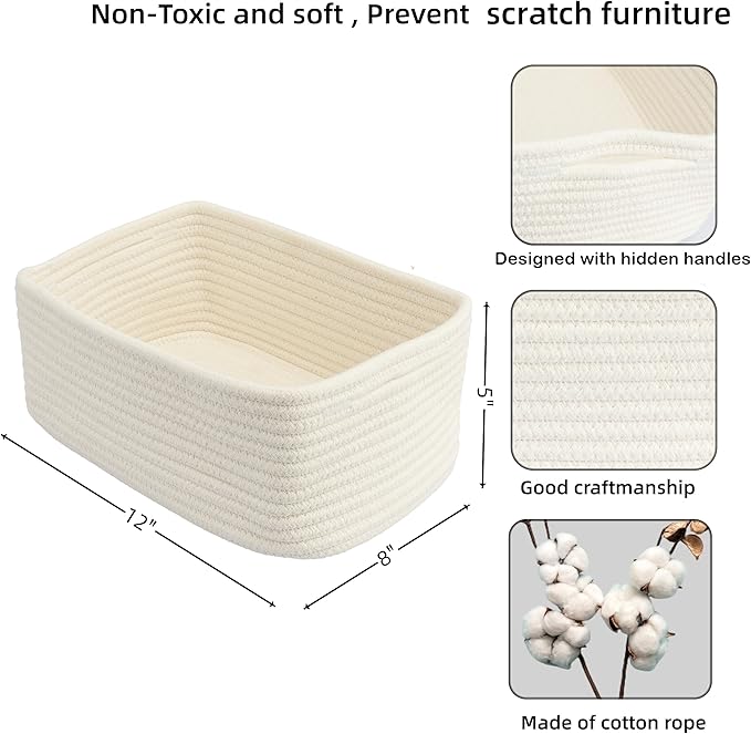 Small Woven Storage Baskets 12“X8”X5“ Decorative Rope Bins for Organizing Shelves, Closets, and Toys, Empty Gift Baskets, Cute Organizer Basket for Home and Office (white, regular)