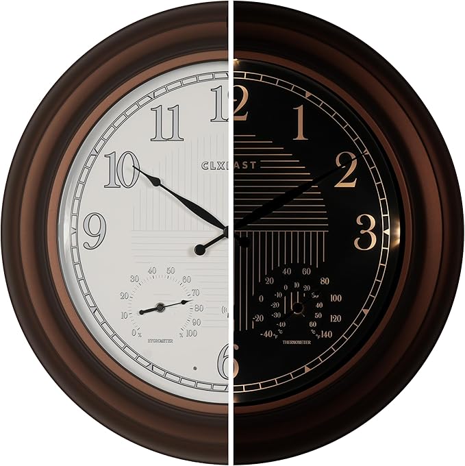 CLXEAST 24 Inch Illuminated in/Outdoor Lighted Atomic Analog Wall Clock with Thermometer & Hygrometer, Oversized Large Waterproof Wall Clocks for Living Room Decor,Bronze Finish