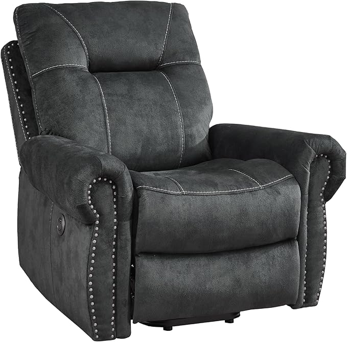 EBELLO Electric Power Recliner Chair with Massage and Heat, Soft Fabric Massage Recliner for Adults, Overstuffed Single Reclining Sofa, Vintage Rivet Mid-Century Design for Living Room, Grey