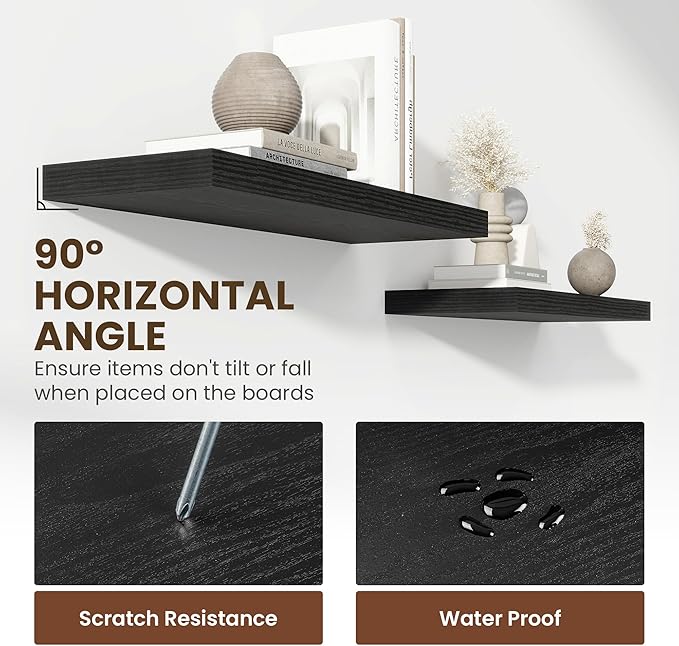 36 Inch Floating Shelves, 12 Inch Deep Floating Shelves for Wall, Floating Shelf with Invisible Brackets, Deep Shelves for Bathroom, Bedroom, Living Room, 2 Pack, Black