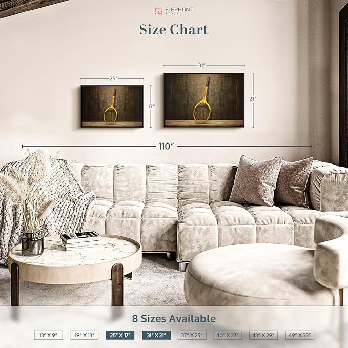 ElephantStock Vintage Tennis Racket Wall Art - Horizontal Framed Canvas - 1-Piece Living Room Wall Decor - Photography Sports Canvas Print - Brown and Black Decor for Wall - 25" X 17"