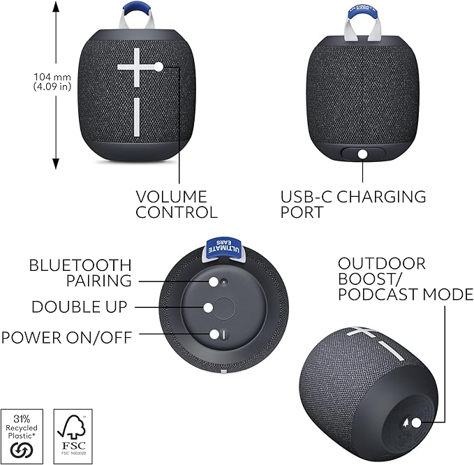 Ultimate Ears WONDERBOOM 4 Waterproof Bluetooth Outdoor Speakers with Big Bass & 360-Degree Sound, Dustproof Floating Wireless Speaker, 131ft Range - Black