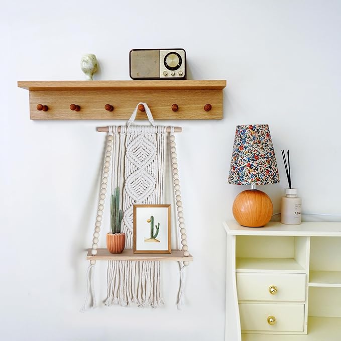 Wooden Macrame Wall Hanging w/Shelf & Sturdy Beaded Rope - Handmade Modern Living Room Decor - Macrame Wall Decor to Securely Hold Plants & More - Beautiful Boho Decorations for Interior Design