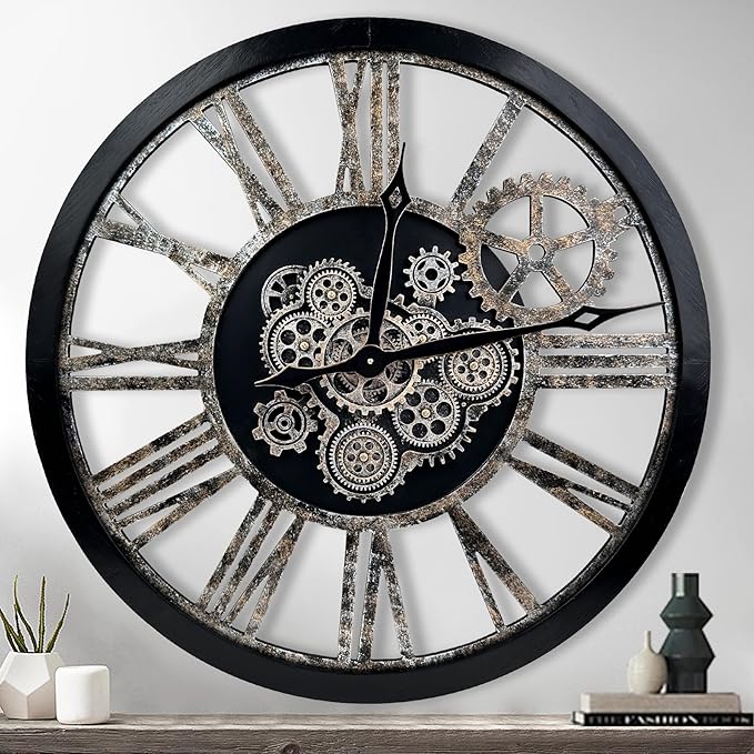 The B-Style Large Real Moving Gears Wall Clock 30 inch Rustic Retro Industrial Farmhouse Wood Clock Oversized Decorative Vintage Wall Clocks for Living Room (Black)