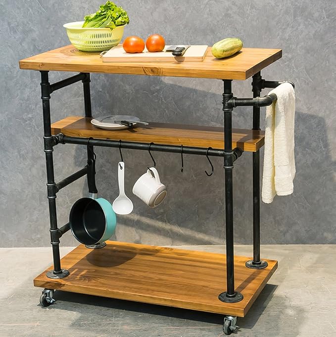 Industrial Portable Kitchen Island on Wheels,Bar Carts for the Home Wine Bar Beverage Coffee Cart,Metal Rolling kitchen carts and islands,Wood and Pipe 3-Tier Butcher Block Island Food Serving Cart