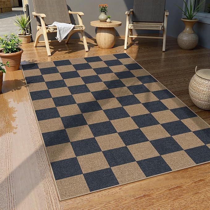 Lahome Checkered Easy Jute Indoor Outdoor Carpet, 3x5 Washable Rugs for Entryway Living Room Farmhouse Area Rug, Non Slip Blue Checkerboard Indoor Door Mat for Entry Patio Deck