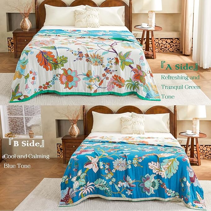 Summer Throw Blanket, 80"x90" Reversible Bohemian Flower Blanket, 100% Cotton Muslin Breathable Woven, Farmhouse Decorative Throw Blanket