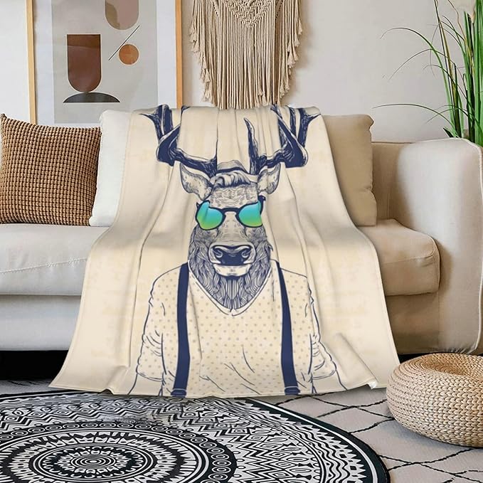HGOD DESIGNS Deer Throw Blanket Deer Dressed up Like Cool Hipster Blanket Super Soft Flannel Throw Blanket Lightweight Plush Fuzzy Bed Blanket for Bedding Sofa and Travel 40"X50"