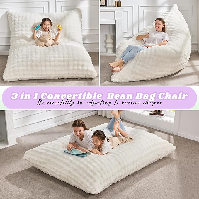 Hobestluk 3 in 1 Bean Bag Chair Giant Bean Bag Chairs for Adults with Bubble Cover Convertible Bean Bag Floor Cushion with Machine Washable Cover for Living Room (Bubble White)