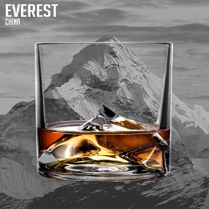 Mount Everest Heavy Crystal Whiskey Glasses Gift Set of 2, Thick Freezable Bourbon Glass 1lb Each, Premium Whiskey Gifts for Men, Frozen Crystal Chills Cocktails, 10 oz