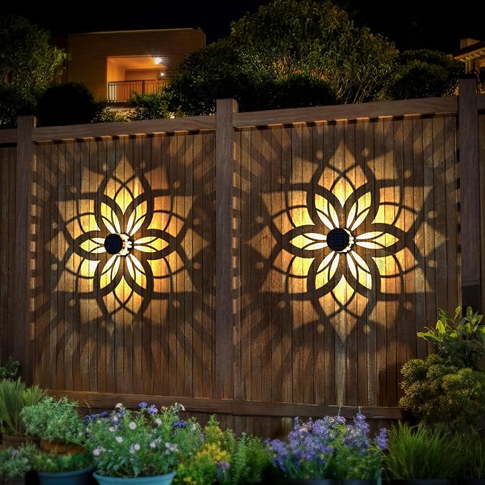 2 Pack Solar Fence Lights Metal Solar Powered Outdoor Wall Deck Step Lights Mandala Theme Waterproof Fence Light for Garden Post Patio Backyard Yard Decor, Gardening Gifts for Women Mom Grandma