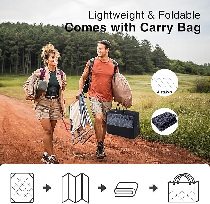 OLANLY Outdoor Rug Waterproof 9x12 ft Clearance, Reversible Outdoor Plastic Straw Rug with Floral Pattern, RV Mat for Patio, Camping, Balcony, Deck, Backyard, Black & Grey