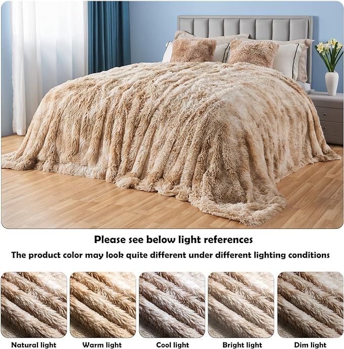 GONAAP Fuzzy Faux Fur Throw Blanket Queen Size Tie-dye Beige Super Soft Cozy Plush Fuzzy Shaggy Blanket for Couch Sofa Bed (Tie-dye Beige, Queen(90"x90"))