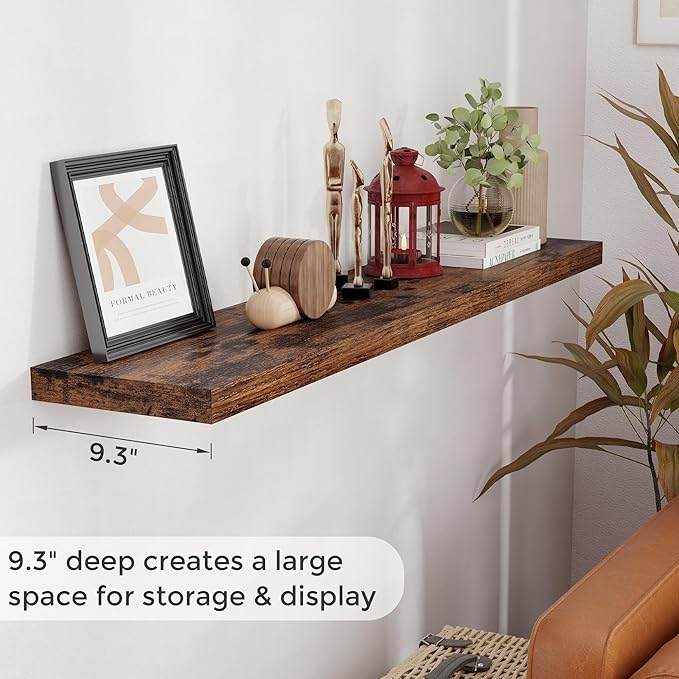 Floating Shelves 55 Inch Long, 55"W x 9"D Wall Shelf Invisible Bracket, 9 Inch Deep Floating Shelf for Wall, Rustic Wooden Shelves for Living Room, Kitchem, Bedroom, Rustic Brown Color, Set of 1
