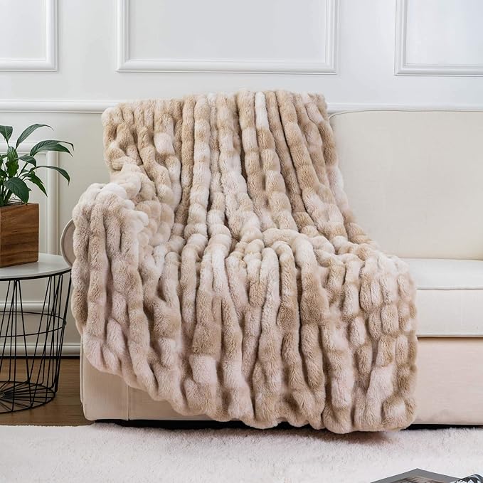 BATTILO HOME Ruched Luxurious Soft Beige Faux Fur Throw Blanket Fuzzy Plush Elegant with Reversible Mink Blanket for Sofa,Chair, Couch, Living Room, Home Decorative Blanket Tie dye (Beige, 50"x60")