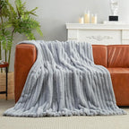 Amélie Home Faux Fur Throw Blanket for Couch, Cozy Fuzzy Fluffy Fur Luxurious Soft Striped Plush Gift Blankets for Family Sofa Chair Bed Living Room Bedroom, 55"x70", Light Grey
