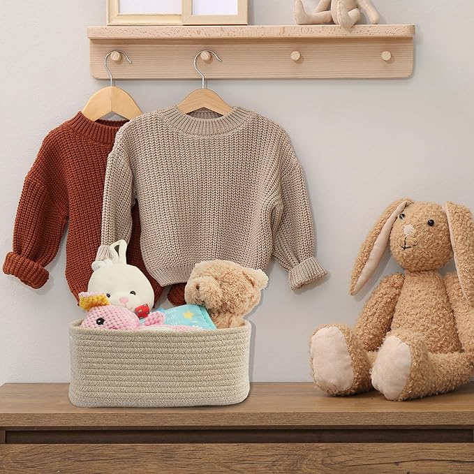 Small Woven Storage Baskets 13“X9”X5“ Decorative Rope Bins for Organizing Shelves, Closets, and Toys, Empty Gift Baskets, Cute Organizer Basket for Home and Office (oatmeal, Large)
