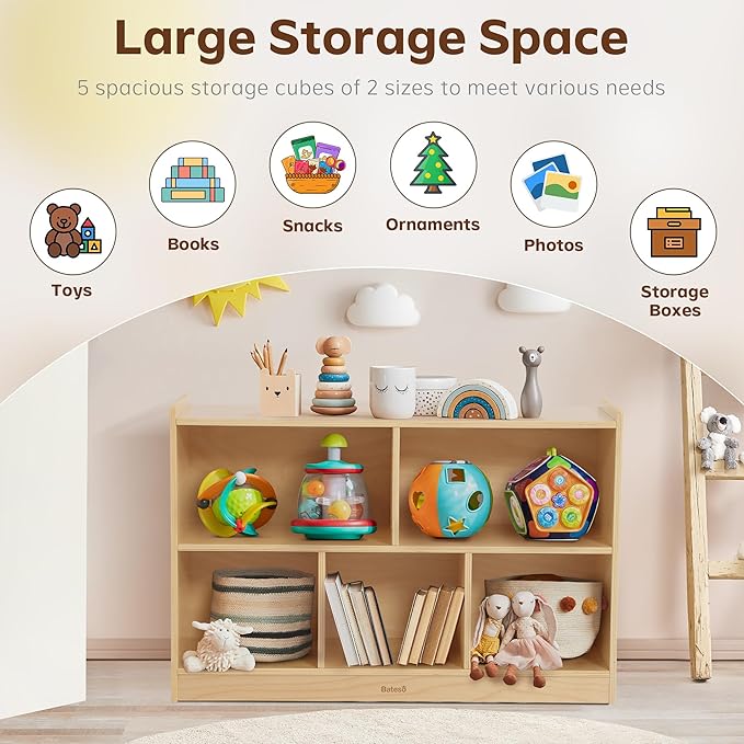 Toy Storage Organizer for Kids Room, Wooden Kids Bookshelf for Classroom, Cube Storage Organizer for Playroom, 5-Section Montessori Bookshelf & Toy Shelf for Nursery