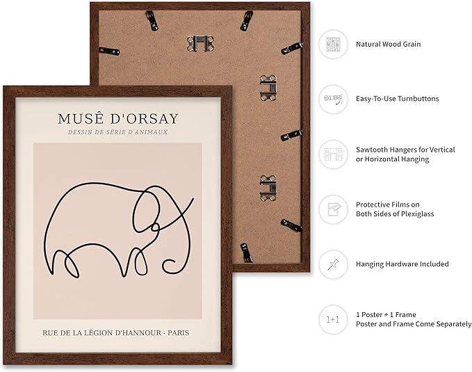Poster Master Vintage Poster - Retro One Line Elephant Drawing Print - Elephant Art - Minimal Gift for Men, Women, Animal Lover - Abstract Wall Decor for Home, Office, 11x14 Brown Framed