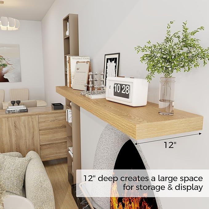 Fun Memories 55 Inch Floating Shelves, 12 Inch Deep Floating Shelf for Wall, 55 x 12 Large Floating Shelves for Fireplace Mantel, 2 Inch Thick Wall Shelf for Living Room, Bedroom, Oak Color, 1 Pack