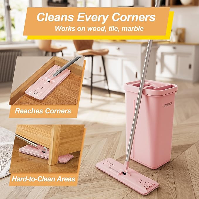 JOYMOOP Pink Mop and Bucket with Wringer Set for Home, with 5 Reusable Microfiber Mop Pads, Hands-Free Self-Cleaning System, Suitable for Floor Cleaning and Wall Cleaner