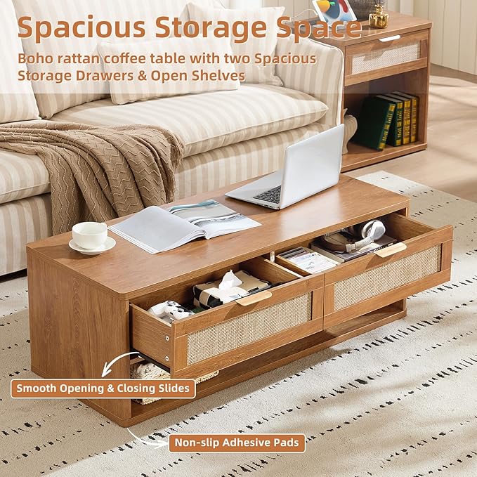LEYAOYAO Boho Rattan Coffee Table and End Table Sets, 48" Wide Center Tables & 23" Night Stand with Charging Station Chest of Drawers, Brown Wood Coffee Table for Living Room 3 Piece Set