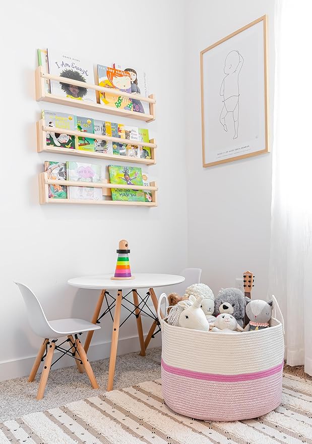 OrganiHaus Boho Woven Basket for Blankets and Laundry, Decorative Large Storage Bin for Living Room, Nursery Basket for Toys & Clothes, Soft Cotton Rope with Handles 20x13 inches - Striped Pink