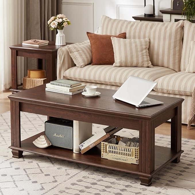 Farmhouse Coffee Tables for Living Room,Square Living Room Tables with Open Storage Shelf,Large Modern Coffee Table,Rustic Brown Center Table,Walnut
