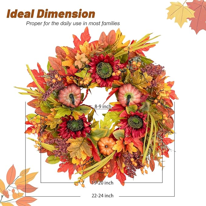 Fall Wreaths for Front Door 24 Inch- Full&Realistic Autumn Maple Leaves Wreath,Large Fall Door Wreath with Sunflower,Pumpkin,Berries for Thanksgiving Harvest Festival Decorations