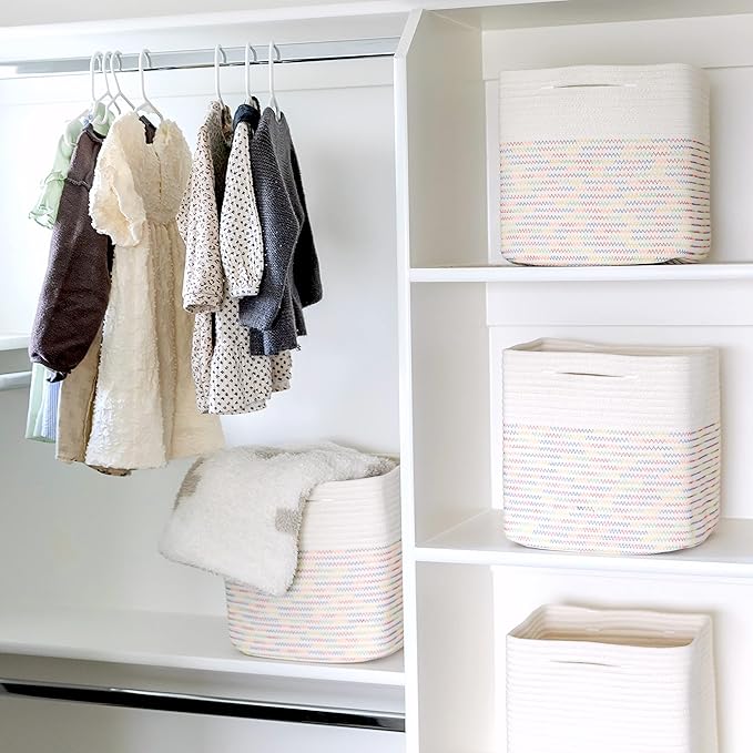 NaturalCozy 13 Inch Cube Storage Bins Cotton Rope Woven Baskets for Organizing 3-Pack | 13 x 13 Storage Cubes | Fabric Square Storage Baskets for Shelves Organizer, Kids Toy Bins, Closet Baby Nursery