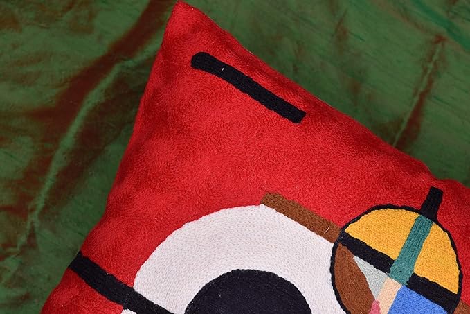 Modern Throw Pillow Cover - Kandinsky Inspired Abstract Pattern - Red - 18" x 18" - Hand Embroidered Wool - Living Room, Office, Bedroom, Outdoor