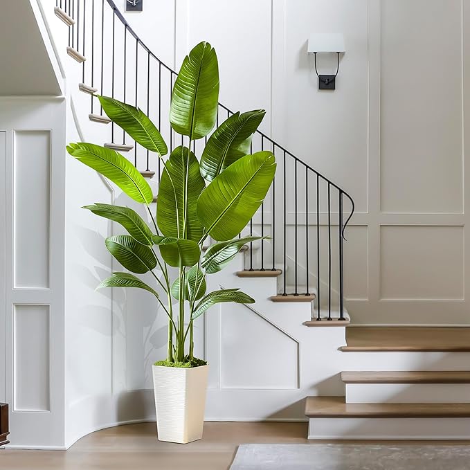 Lifelike Bird of Paradise Silk Artificial Plant Faux Banana Leaf Tree for Home Decor - Perfect Indoor Floor Plant with 11 Trunks (1, White Tall Planter, 6.6 FT)