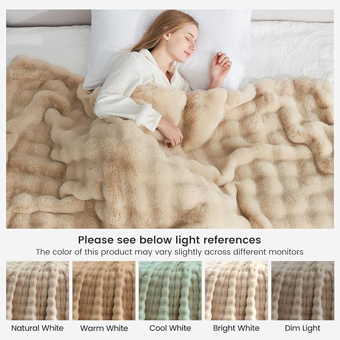 Cozy Bliss Faux Fur Throw Blanket for Couch, Fuzzy Soft Plush Thick Bubble Blanket for Sofa Bedroom Living Room, 50 * 60 Inches Beige