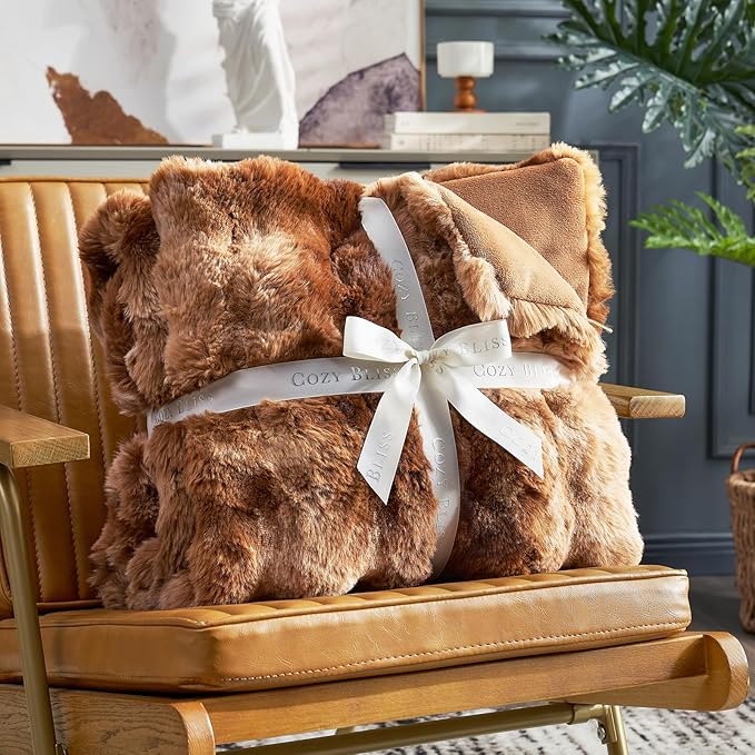 Cozy Bliss Faux Fur Throw Blanket for Couch, Fuzzy Soft Plush Thick Bubble Blanket for Sofa Bedroom Living Room, 50 * 60 Inches Tie Dye Brown