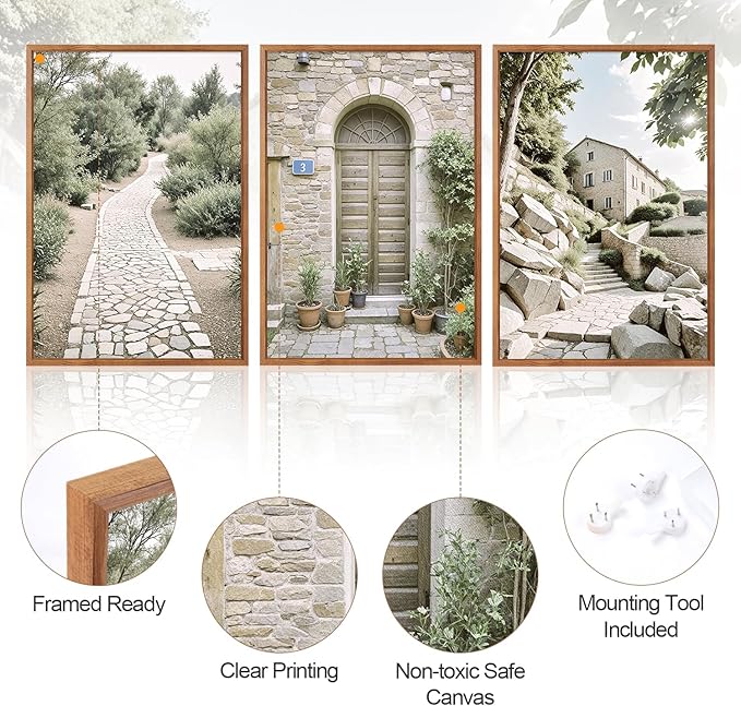 Aurlan Neutral Italy Countryside Landscape Framed Wall Art(16"x24"), 3PCS Vintage Mediterranean City Photography Gallery Canvas Artwork, Large Old Town Architecture Travel Decor Prints for Office Bedroom