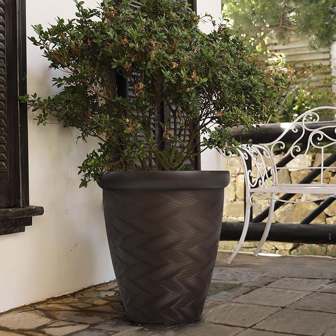 Worth Garden 2-Pack 16" Large Round Planter - Weave Pattern Lightweight Plastic Plant Pot 16" x 17.5" for Indoor Outdoor Use - Decorative Containers for Front Porch Home Yard Deck Patio - Dark Brown