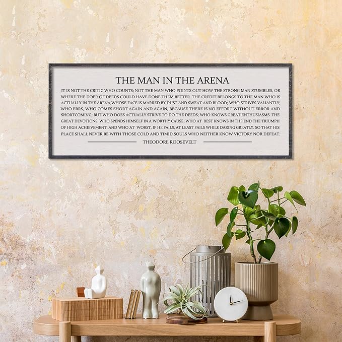 LuZhiQiang The Man in the Arena Wall Decor 32''x12'' Inspirational Quotes Office Wood Framed Sign Rustic Home Motivational Art For Man Entrepreneur Morden Living Room Wall Hanging Decor (Black)