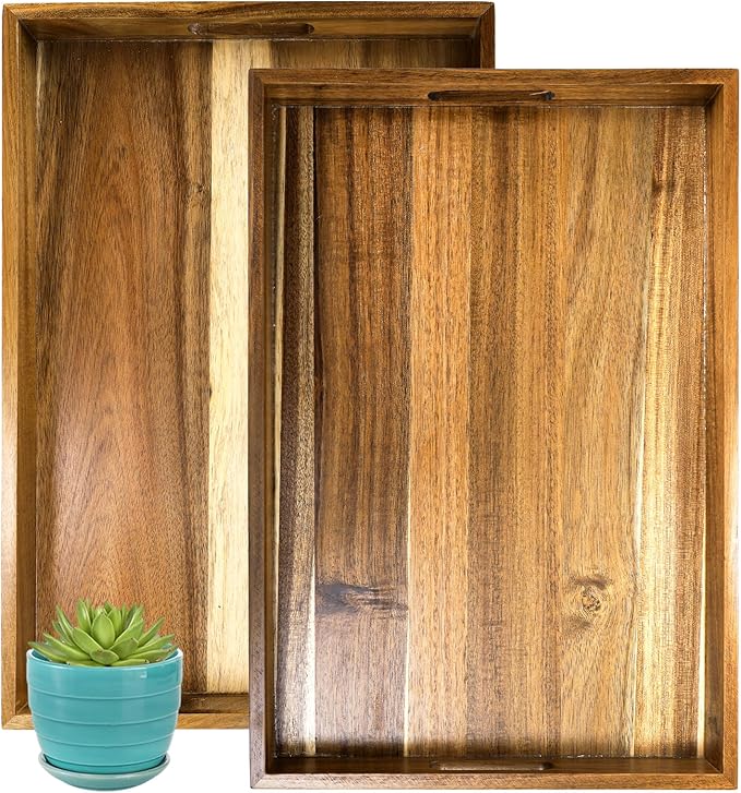 YOUEON 2 Pack Large Acacia Wood Serving Tray with Handles, 17x12 Inch Decorative Wood Trays for Serving Food, Party, Rectangle Ottoman Tray, Coffee Table Trays for Bed, Living Room, Kitchen