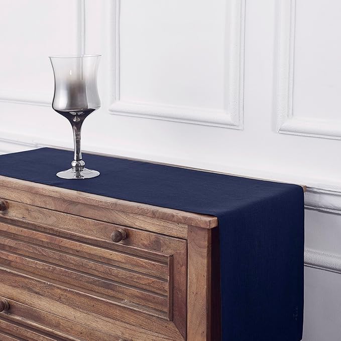 Solino Home Linen Navy Table Runner 48 Inches - 100% Pure Linen Small Table Runner 14 x 48 Inch Ideal for Dresser and Coffee Tables - Fall, Autumn, Thanksgiving - Fete