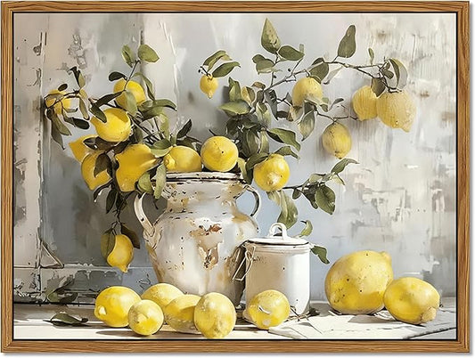 Framed Lemon Kitchen Wall Decor for Dining Room - Vintage Mustard French's Yellow Lemon Kitchen Wall Art, Rustic Oil Paintings Posters Prints for Bathroom Living Room Bedroom 16x24 inch