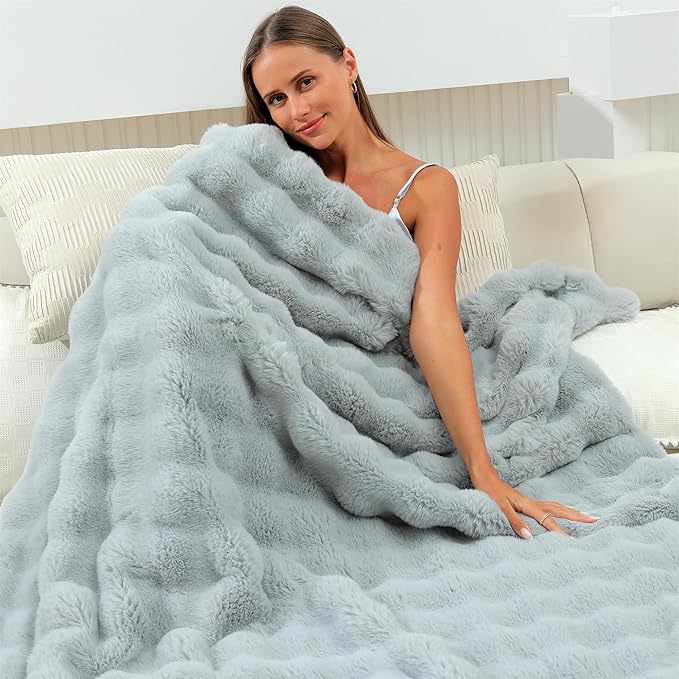 RYNGHIPY Faux Fur Throw Blanket Double Side Thick and Warm for Couch Plush Fluffy Faux Rabbit Fur Decoration for Sofa Chair and Bed Grey Winter Blanket (Grey, 51''x63'')