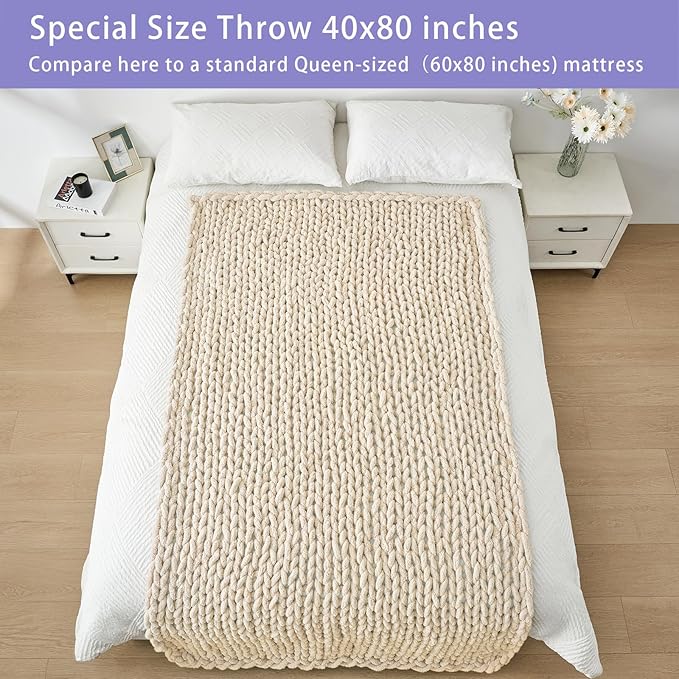 Bigacogo Chunky Knit Throw Blanket for Couch, 40x80 inches, 100% Hand Knitted with Thick Jumbo Chenille Yarn, Cozy Soft Large Rope Knot Cable Crochet Blankets for Sofa Bed Living Room, Beige